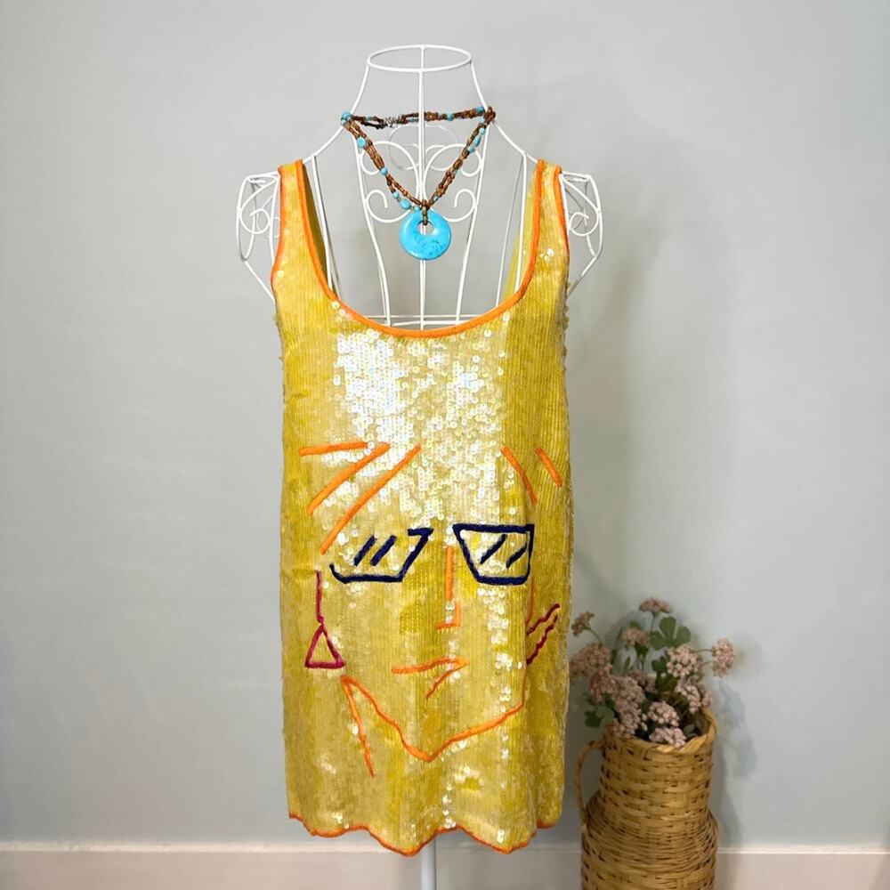 Gorgeous vintage yellow silk sequin abstract mini embroidered babydoll dress